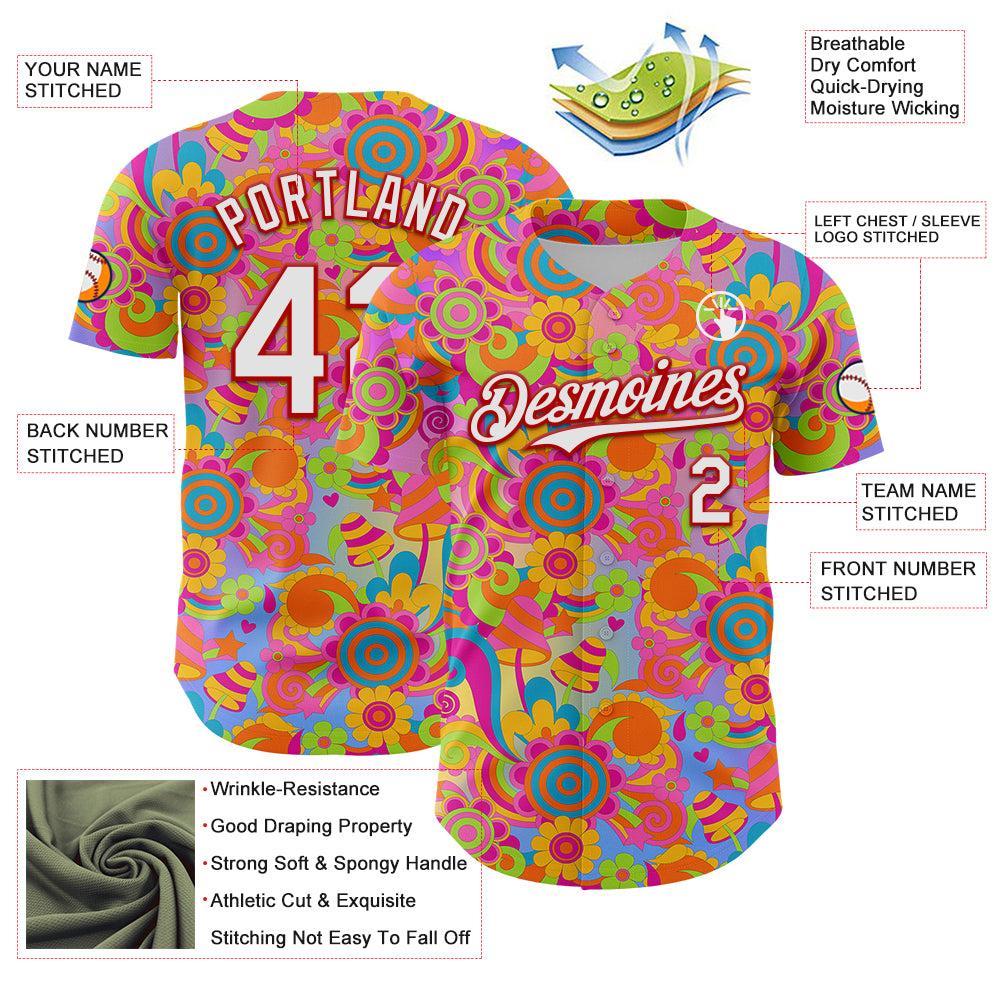 Custom Pink White-Red 3D Pattern Design Trippy Groovy Magic Mushrooms Authentic Baseball Jersey