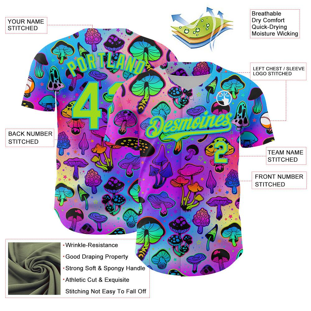 Custom Purple Neon Green-Lakes Blue 3D Pattern Design Trippy Psychedelic Magic Mushrooms Authentic Baseball Jersey