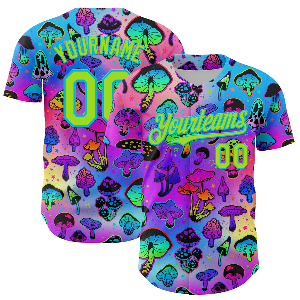 Custom Purple Neon Green-Lakes Blue 3D Pattern Design Trippy Psychedelic Magic Mushrooms Authentic Baseball Jersey