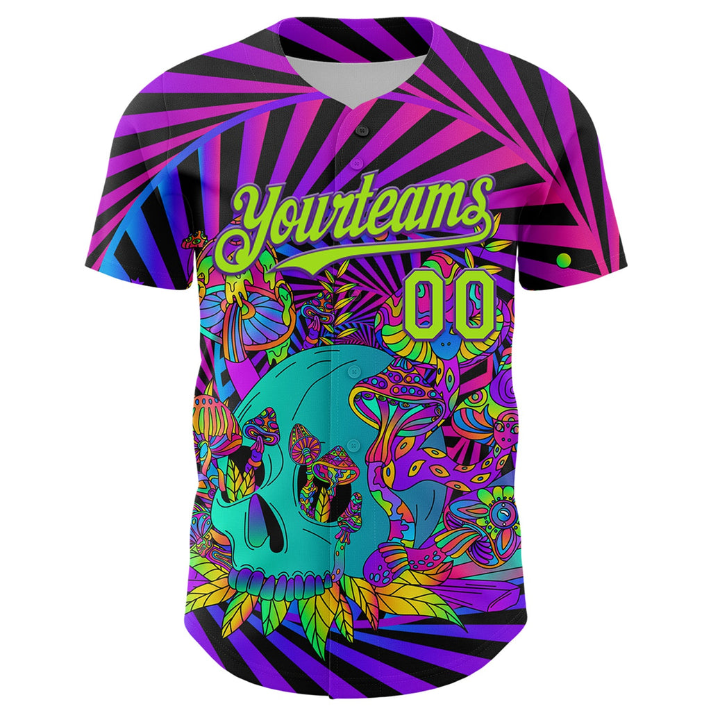 Custom Purple Neon Green 3D Pattern Design Trippy Magic Mushrooms Skull Authentic Baseball Jersey