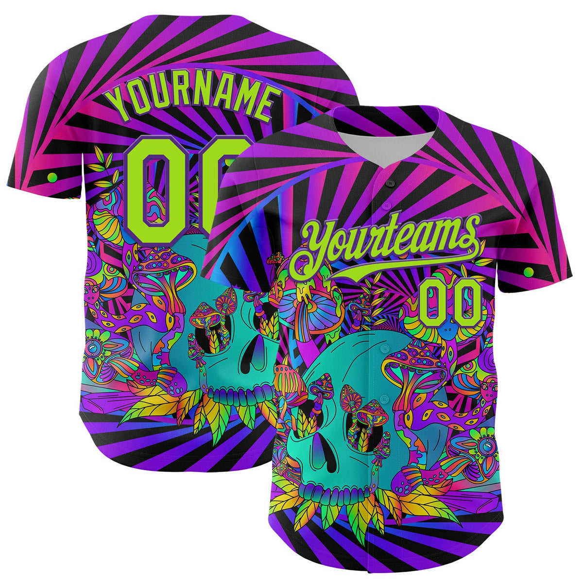 Custom Purple Neon Green 3D Pattern Design Trippy Magic Mushrooms Skull Authentic Baseball Jersey