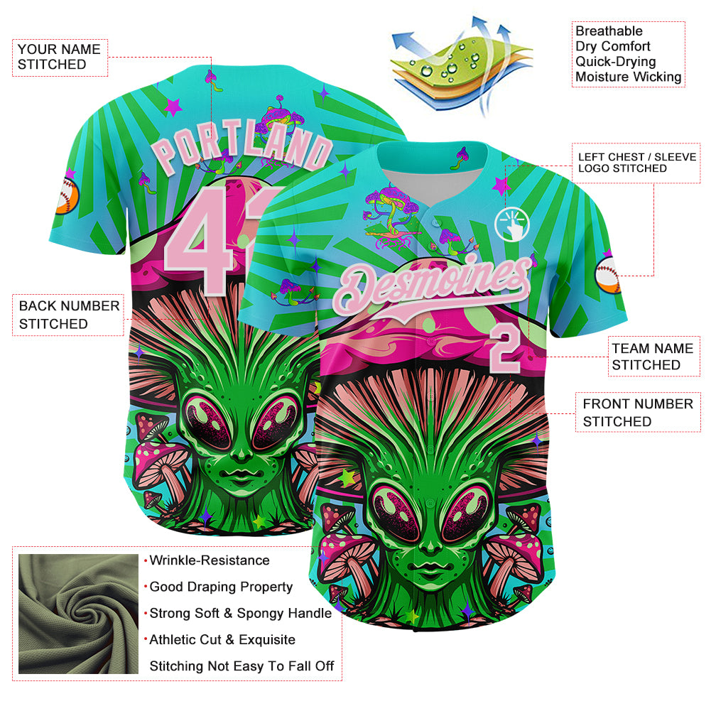Custom Blule Light Pink-White 3D Pattern Design Trippy Magic Mushrooms Alien Authentic Baseball Jersey