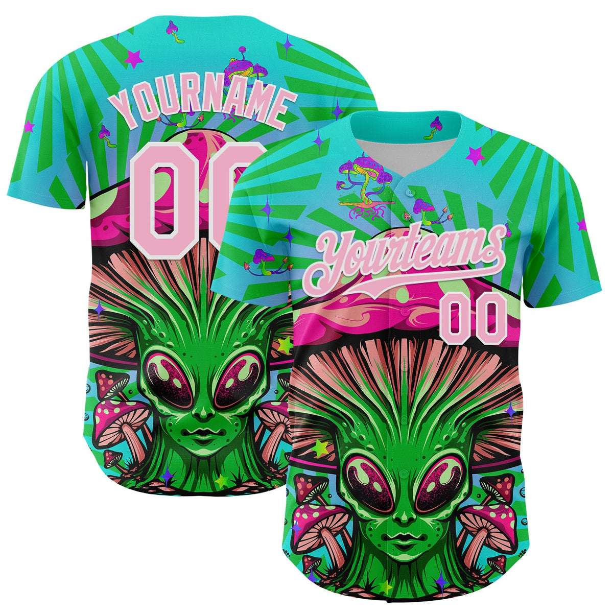 Custom Blule Light Pink-White 3D Pattern Design Trippy Magic Mushrooms Alien Authentic Baseball Jersey