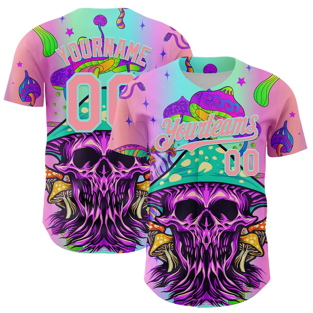 Custom Purple Medium Pink-Ice Blue 3D Pattern Design Trippy Magic Mushrooms Skull Authentic Baseball Jersey