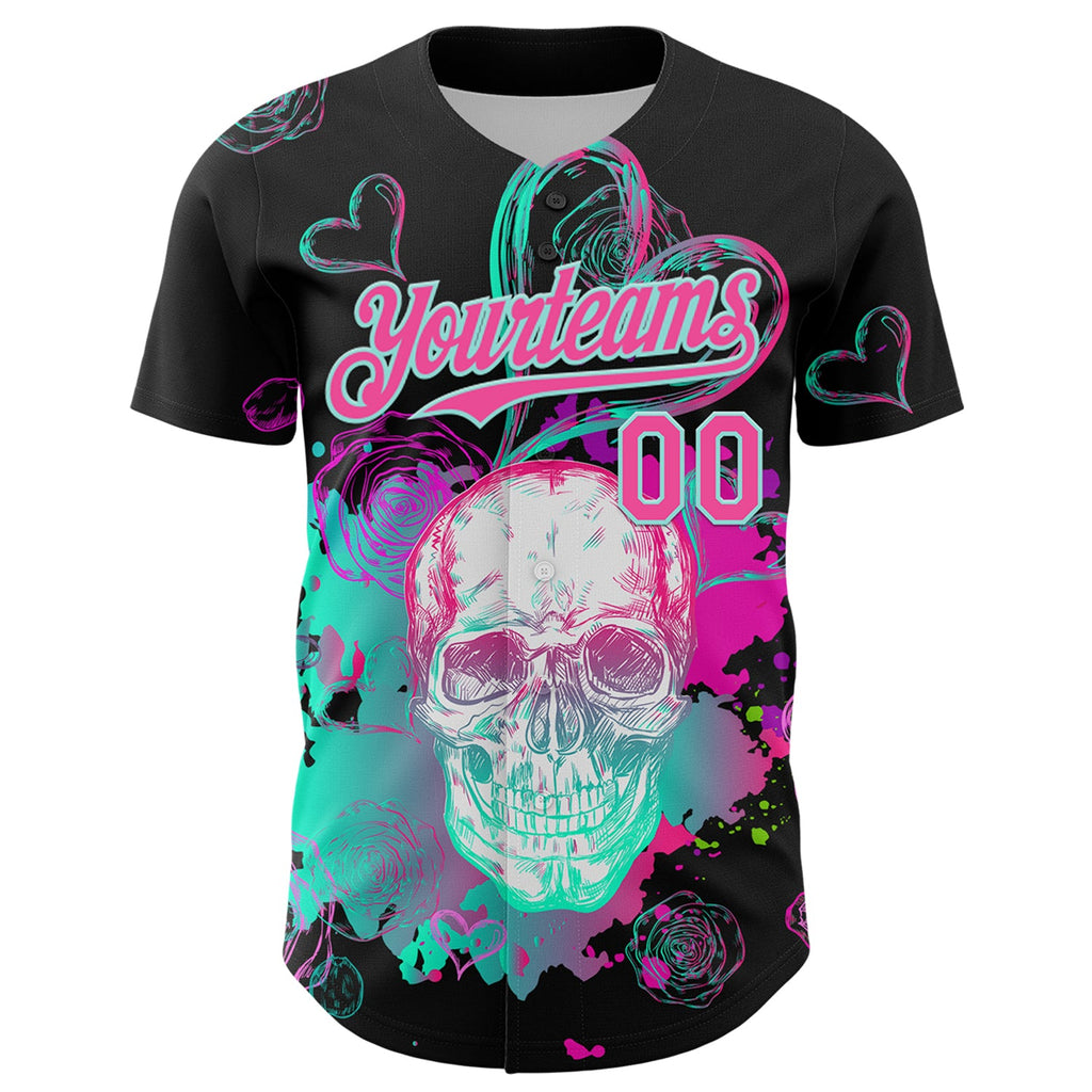 Custom Black Pink-Ice Blue 3D Pattern Design Trippy Magic Mushrooms Skull Authentic Baseball Jersey