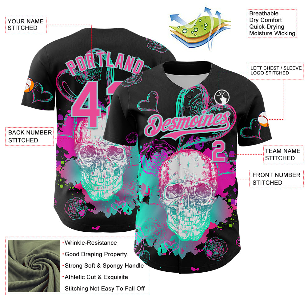 Custom Black Pink-Ice Blue 3D Pattern Design Trippy Magic Mushrooms Skull Authentic Baseball Jersey