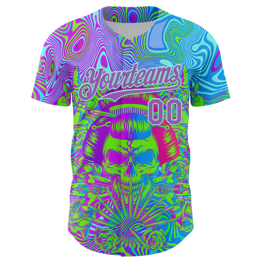 Custom Blue Medium Purple-Ice Blue 3D Pattern Design Trippy Magic Mushrooms Skull Authentic Baseball Jersey