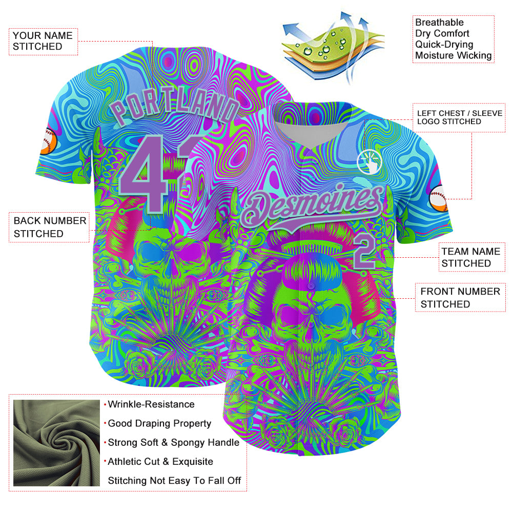 Custom Blue Medium Purple-Ice Blue 3D Pattern Design Trippy Magic Mushrooms Skull Authentic Baseball Jersey