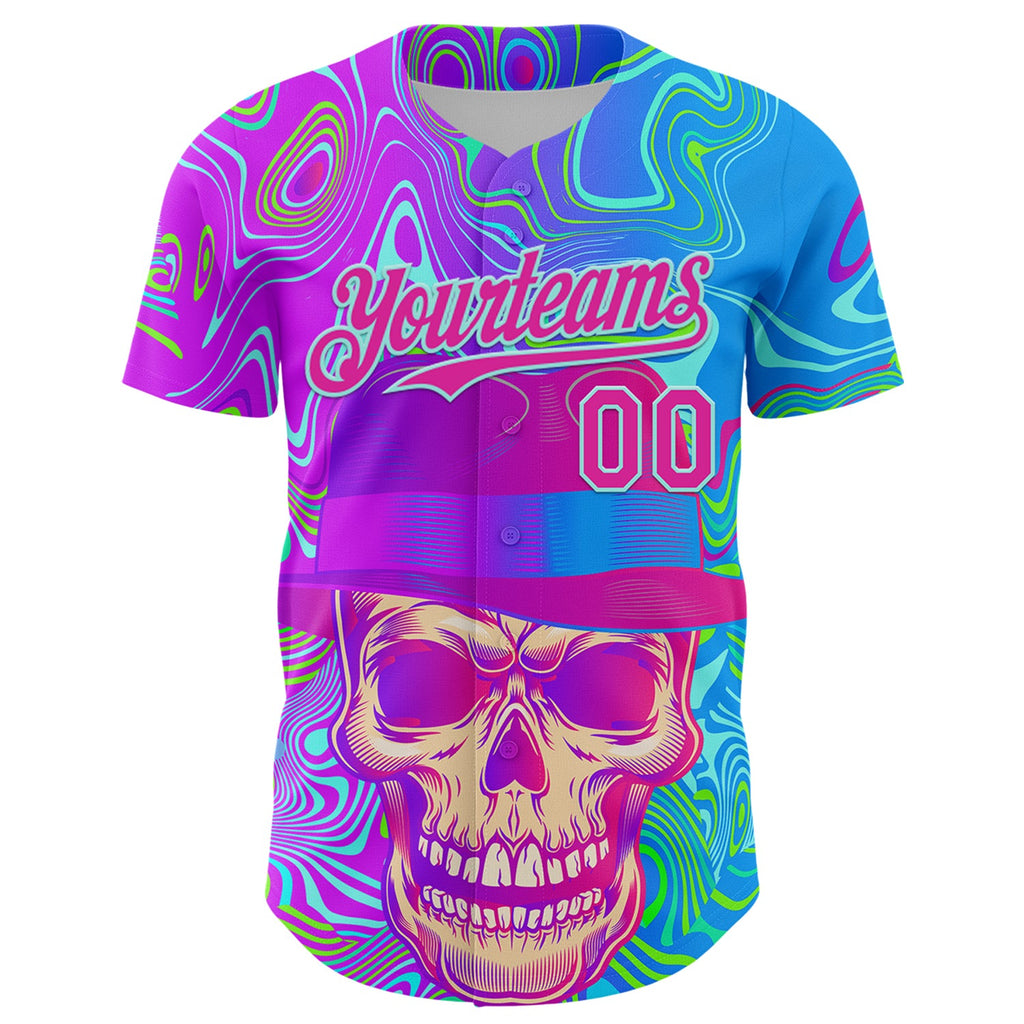 Custom Blue Deep Pink-Ice Blue 3D Pattern Design Trippy Magic Mushrooms Skull Authentic Baseball Jersey