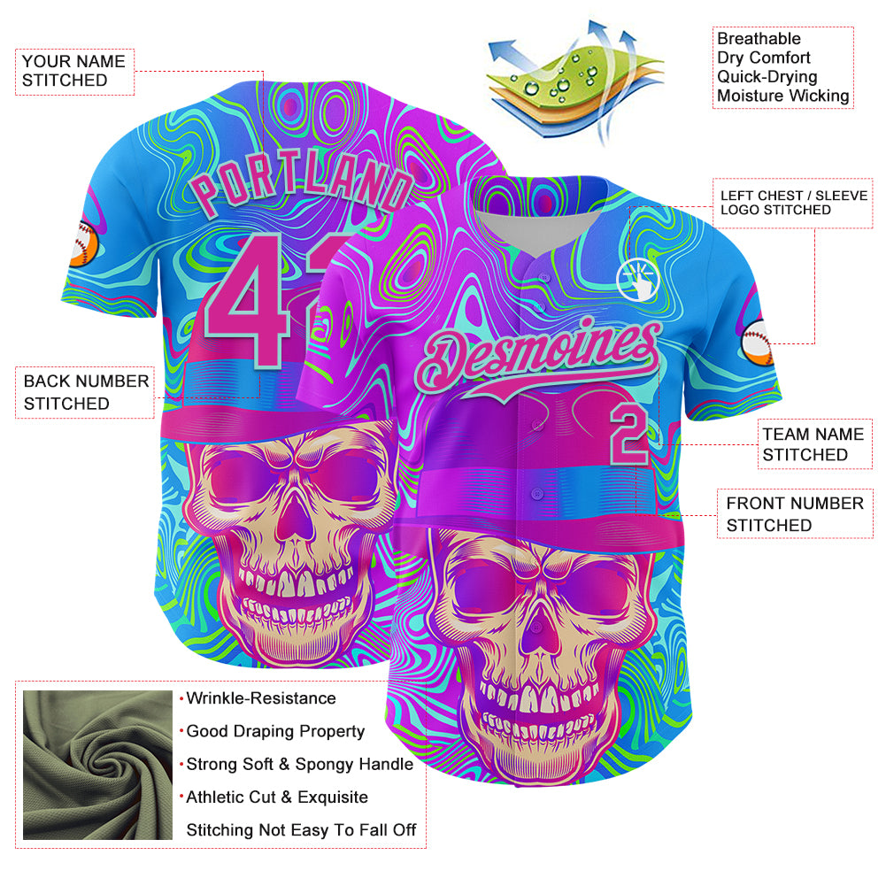 Custom Blue Deep Pink-Ice Blue 3D Pattern Design Trippy Magic Mushrooms Skull Authentic Baseball Jersey