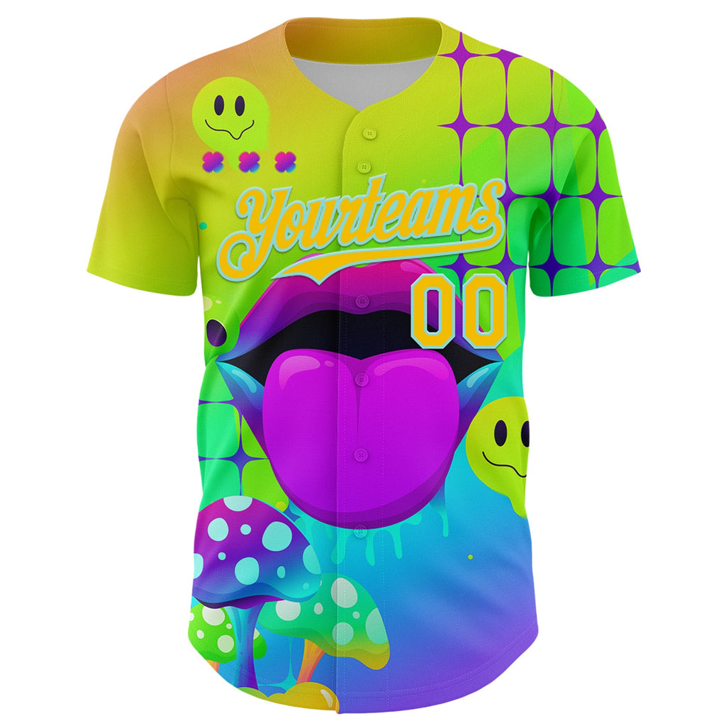 Custom Green Yellow-Ice Blue 3D Pattern Design Trippy Magic Mushrooms Acid Authentic Baseball Jersey