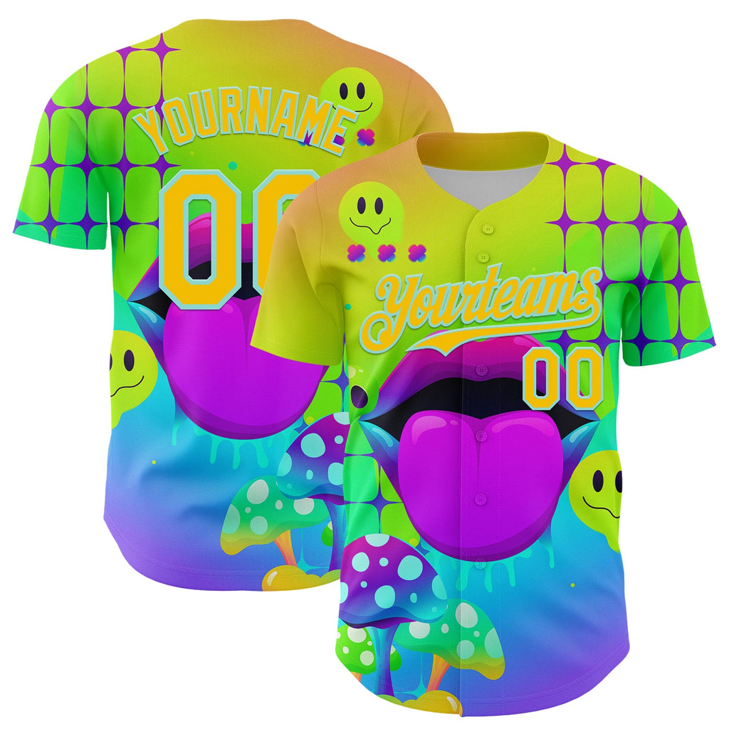 Custom Green Yellow-Ice Blue 3D Pattern Design Trippy Magic Mushrooms Acid Authentic Baseball Jersey