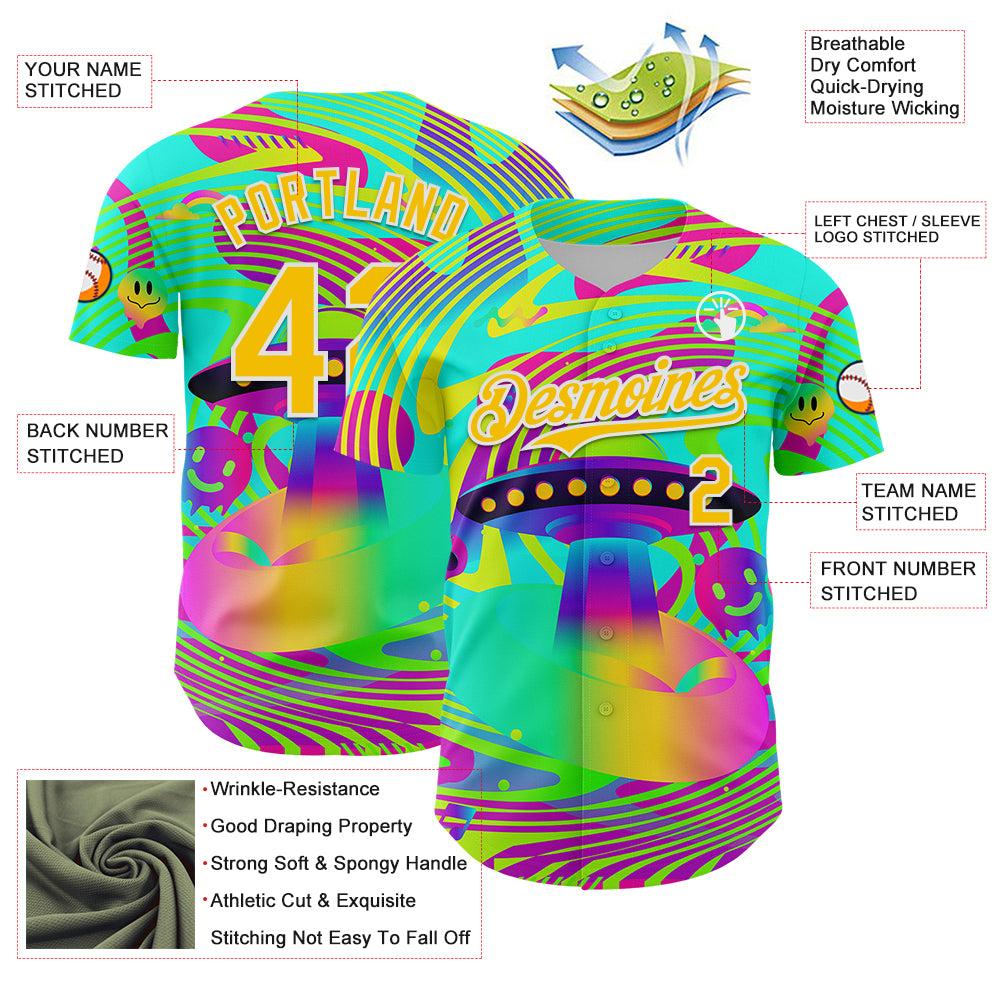 Custom Green Yellow-White 3D Pattern Design Trippy Acid UFO Authentic Baseball Jersey