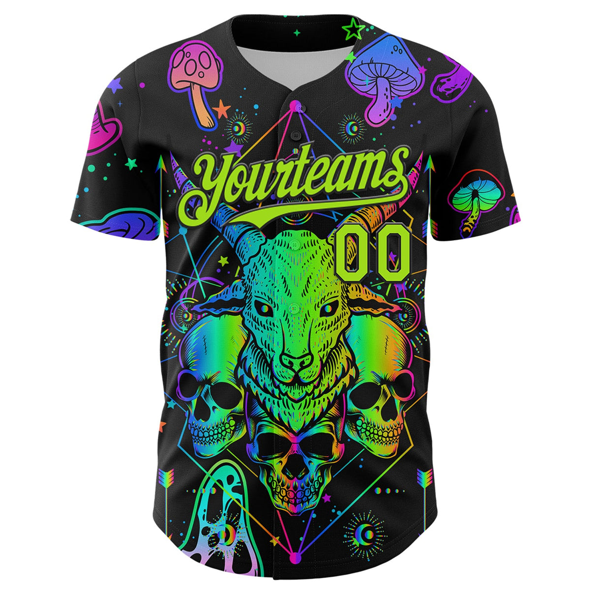 Custom Black Neon Green 3D Pattern Design Trippy Magic Mushrooms Goat Skull Authentic Baseball Jersey