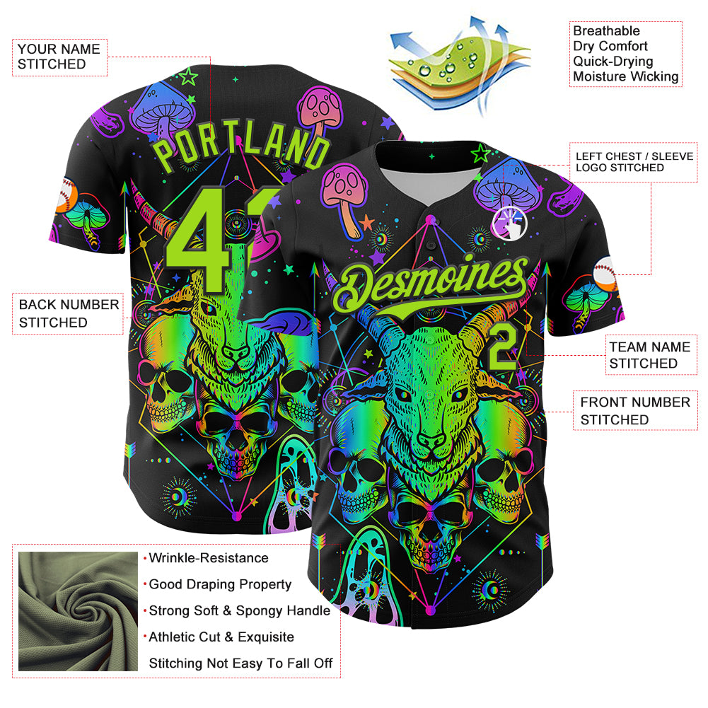 Custom Black Neon Green 3D Pattern Design Trippy Magic Mushrooms Goat Skull Authentic Baseball Jersey