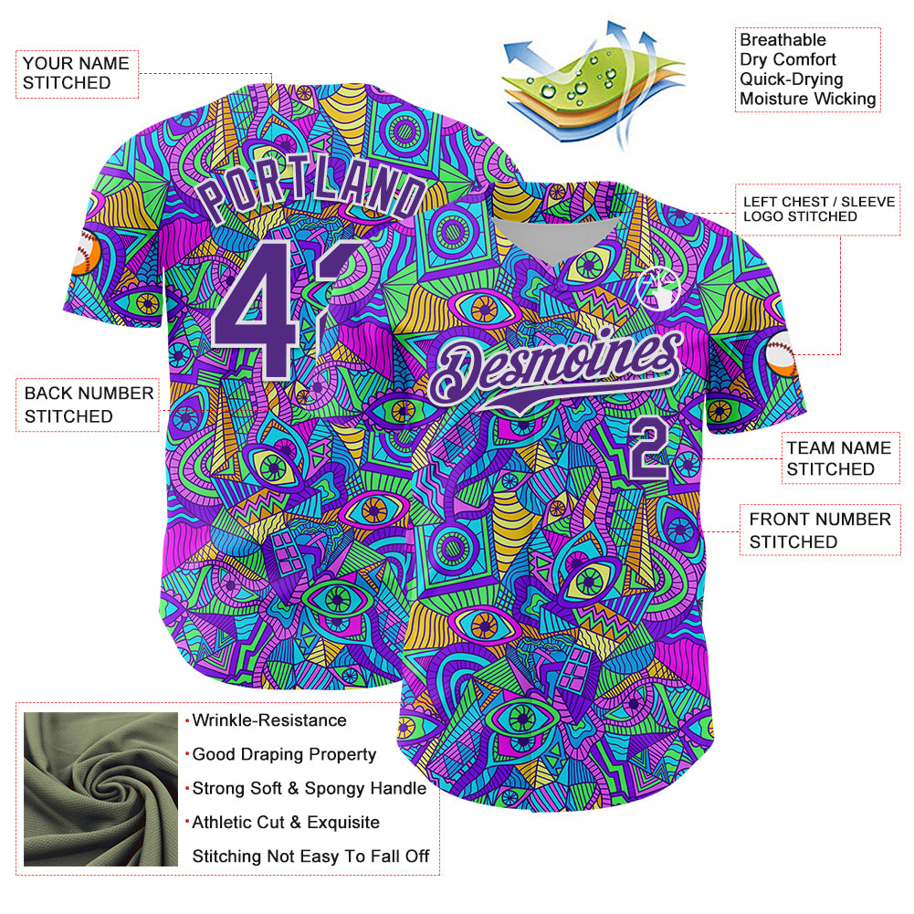 Custom Purple White 3D Pattern Design Trippy Psychedelic Eyes Authentic Baseball Jersey