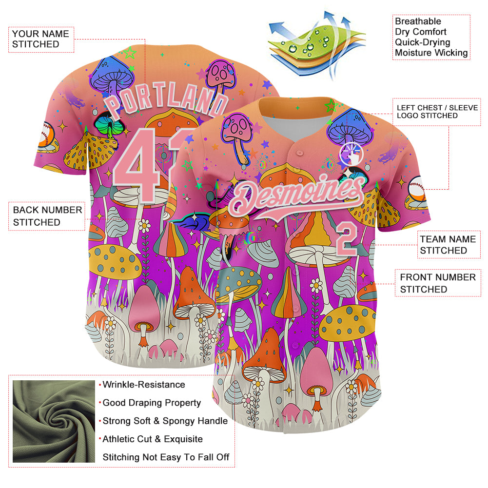 Custom Pink Medium Pink Purple-White 3D Pattern Design Trippy Magic Mushrooms Hippie Authentic Baseball Jersey