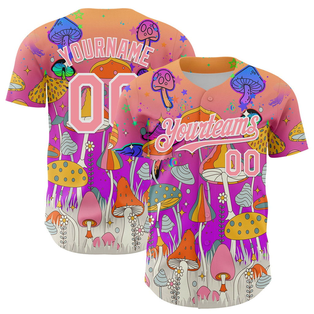 Custom Pink Medium Pink Purple-White 3D Pattern Design Trippy Magic Mushrooms Hippie Authentic Baseball Jersey
