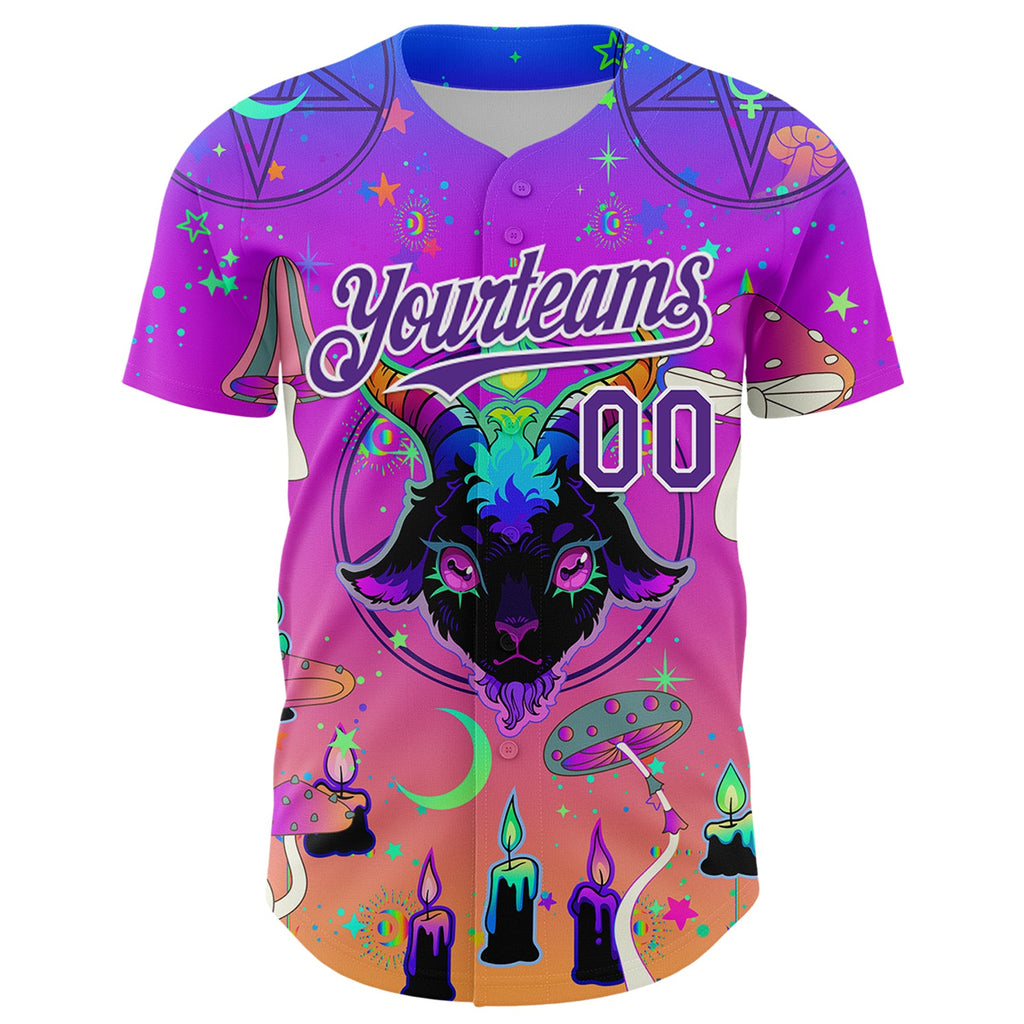 Custom Purple White 3D Pattern Design Trippy Magic Mushrooms Devil Authentic Baseball Jersey