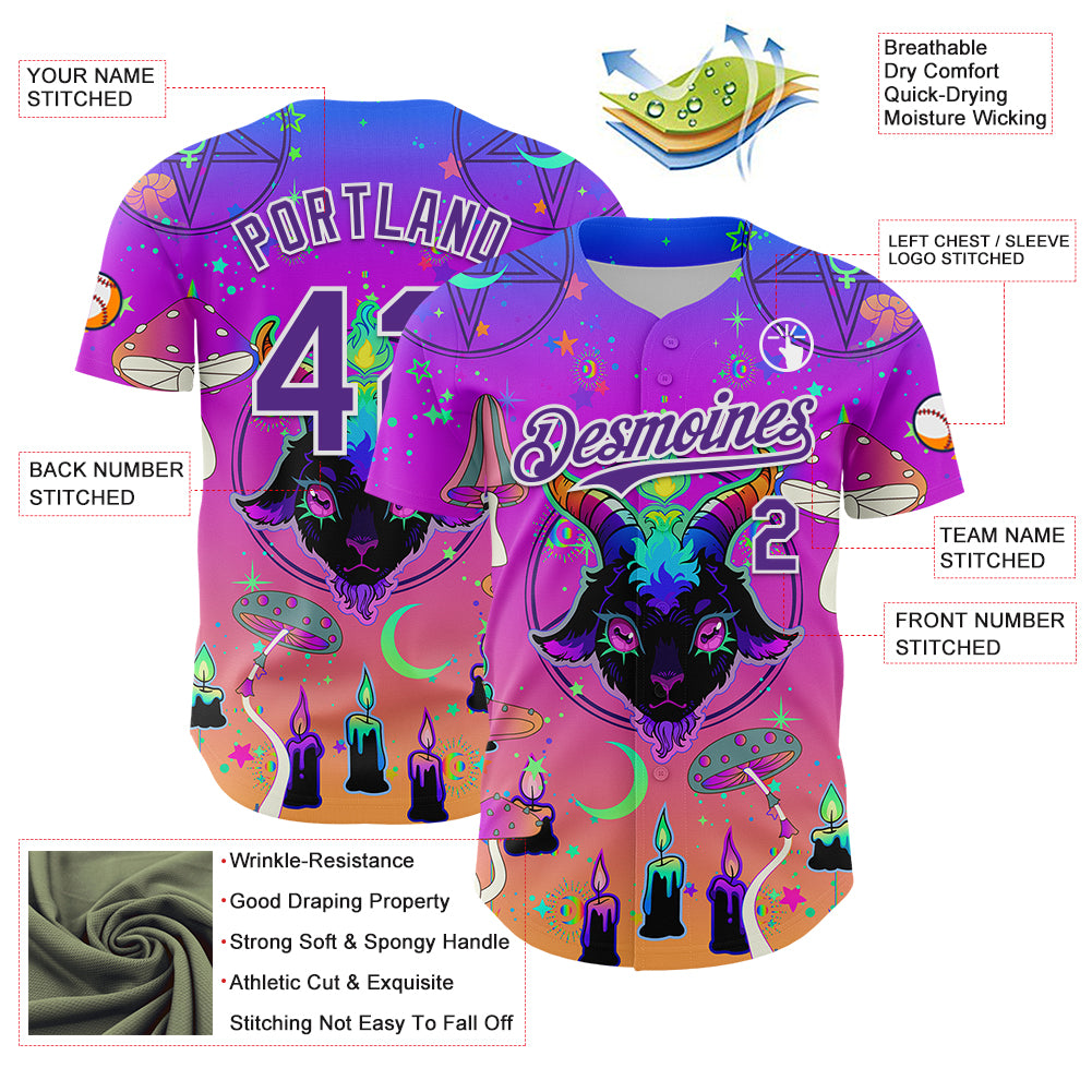 Custom Purple White 3D Pattern Design Trippy Magic Mushrooms Devil Authentic Baseball Jersey