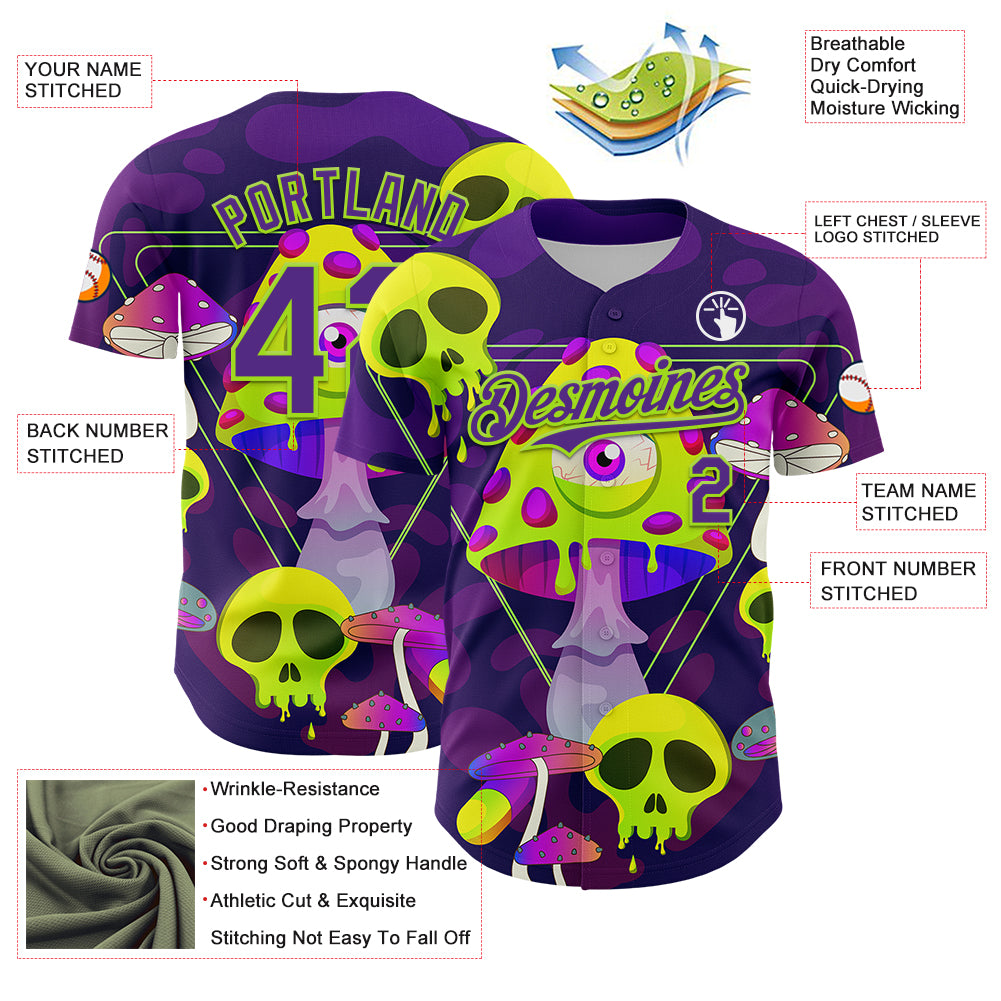 Custom Black Purple-Neon Green 3D Pattern Design Trippy Magic Mushrooms Skull Authentic Baseball Jersey