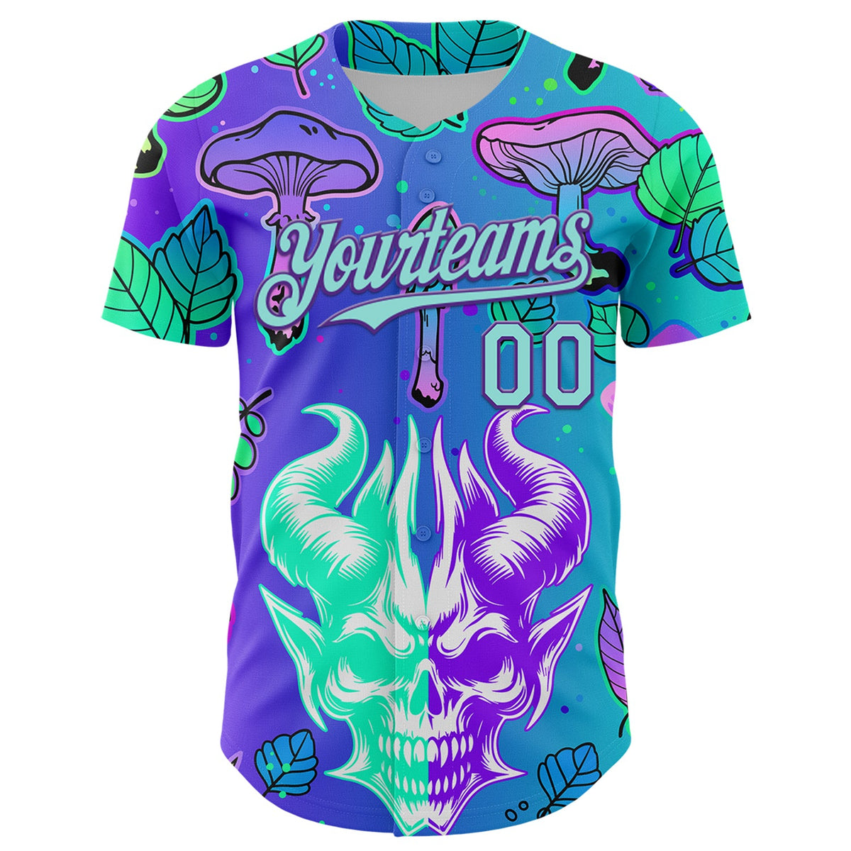 Custom Blue Ice Blue-Purple 3D Pattern Design Trippy Magic Mushrooms Demon Skull Authentic Baseball Jersey