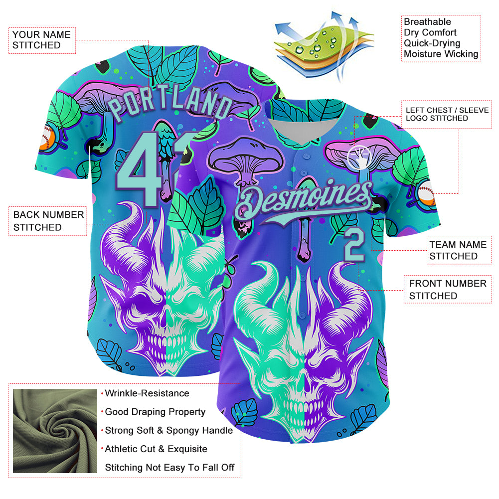 Custom Blue Ice Blue-Purple 3D Pattern Design Trippy Magic Mushrooms Demon Skull Authentic Baseball Jersey