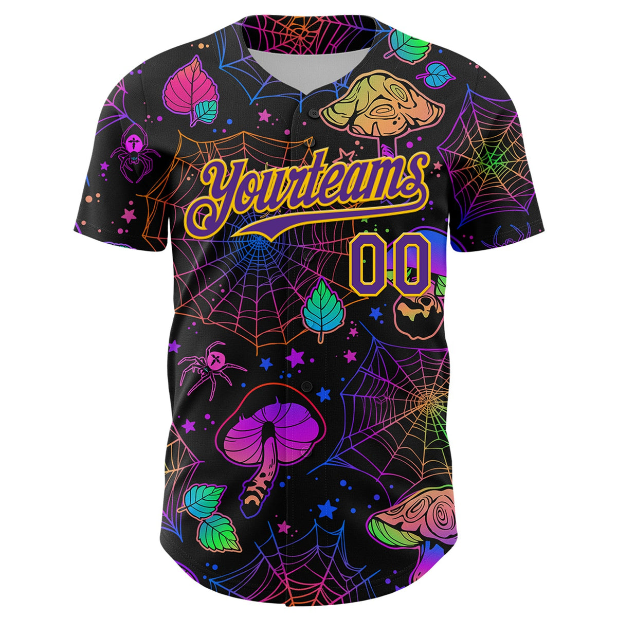 Custom Black Purple-Yellow 3D Pattern Design Trippy Magic Mushrooms Spider Web Authentic Baseball Jersey