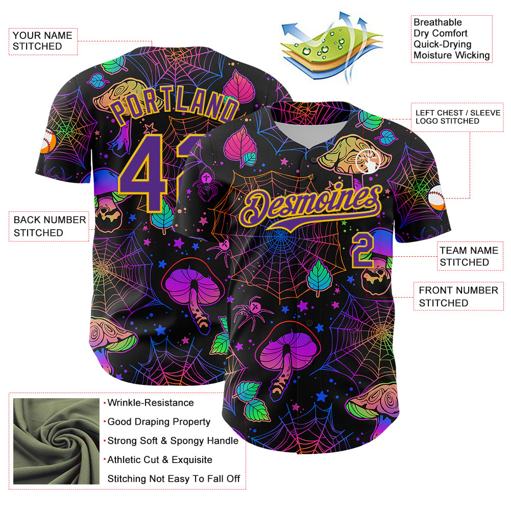 Custom Black Purple-Yellow 3D Pattern Design Trippy Magic Mushrooms Spider Web Authentic Baseball Jersey