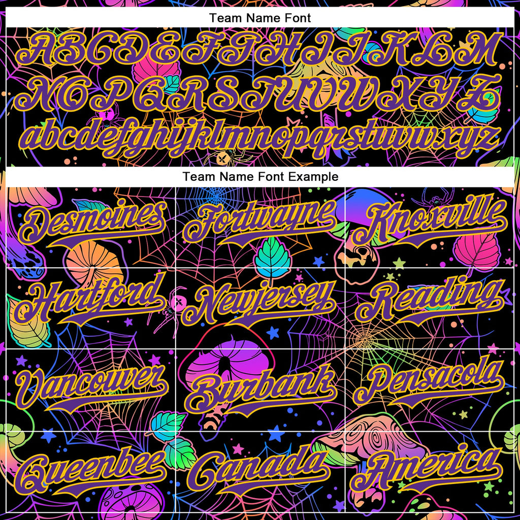 Custom Black Purple-Yellow 3D Pattern Design Trippy Magic Mushrooms Spider Web Authentic Baseball Jersey