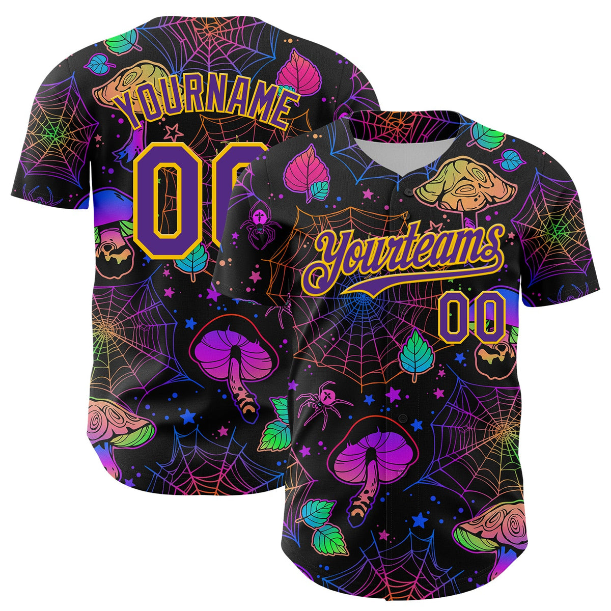Custom Black Purple-Yellow 3D Pattern Design Trippy Magic Mushrooms Spider Web Authentic Baseball Jersey