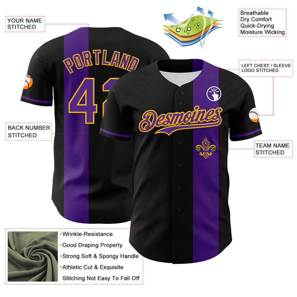 Custom Black Purple-Gold 3D Pattern Design Mardi Gras Shrove Tuesday Authentic Baseball Jersey
