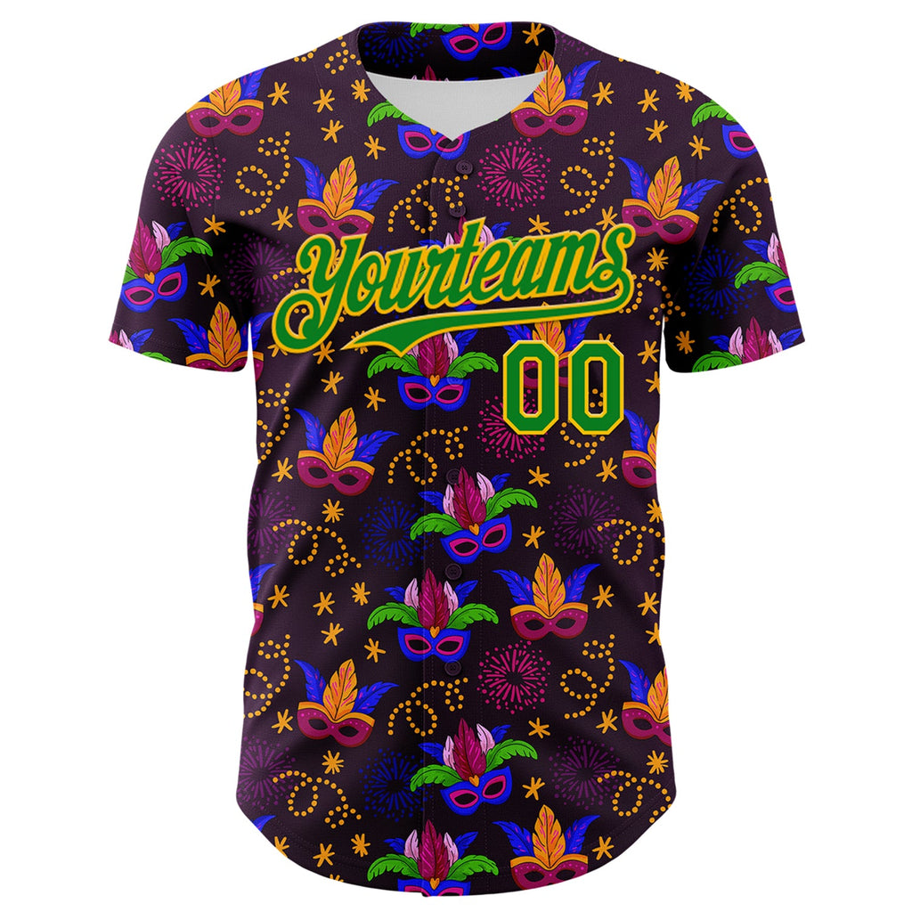 Custom Purple Grass Green-Gold 3D Pattern Design Mardi Gras Shrove Tuesday Authentic Baseball Jersey