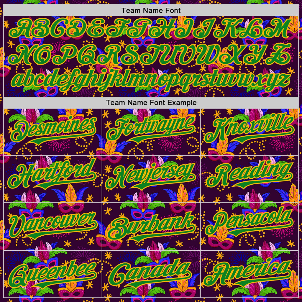 Custom Purple Grass Green-Gold 3D Pattern Design Mardi Gras Shrove Tuesday Authentic Baseball Jersey