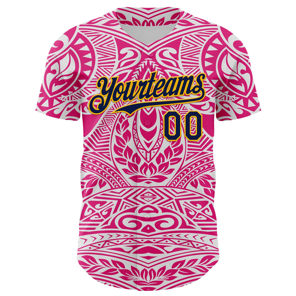 Custom Hot Pink Navy-Gold 3D Pattern Design Burner Costumes Ethnic Floral Authentic Baseball Jersey