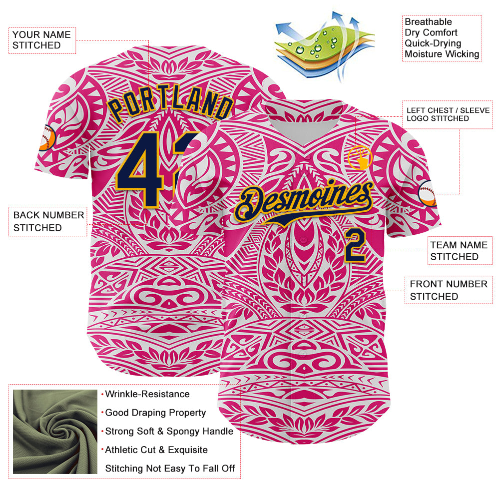 Custom Hot Pink Navy-Gold 3D Pattern Design Burner Costumes Ethnic Floral Authentic Baseball Jersey