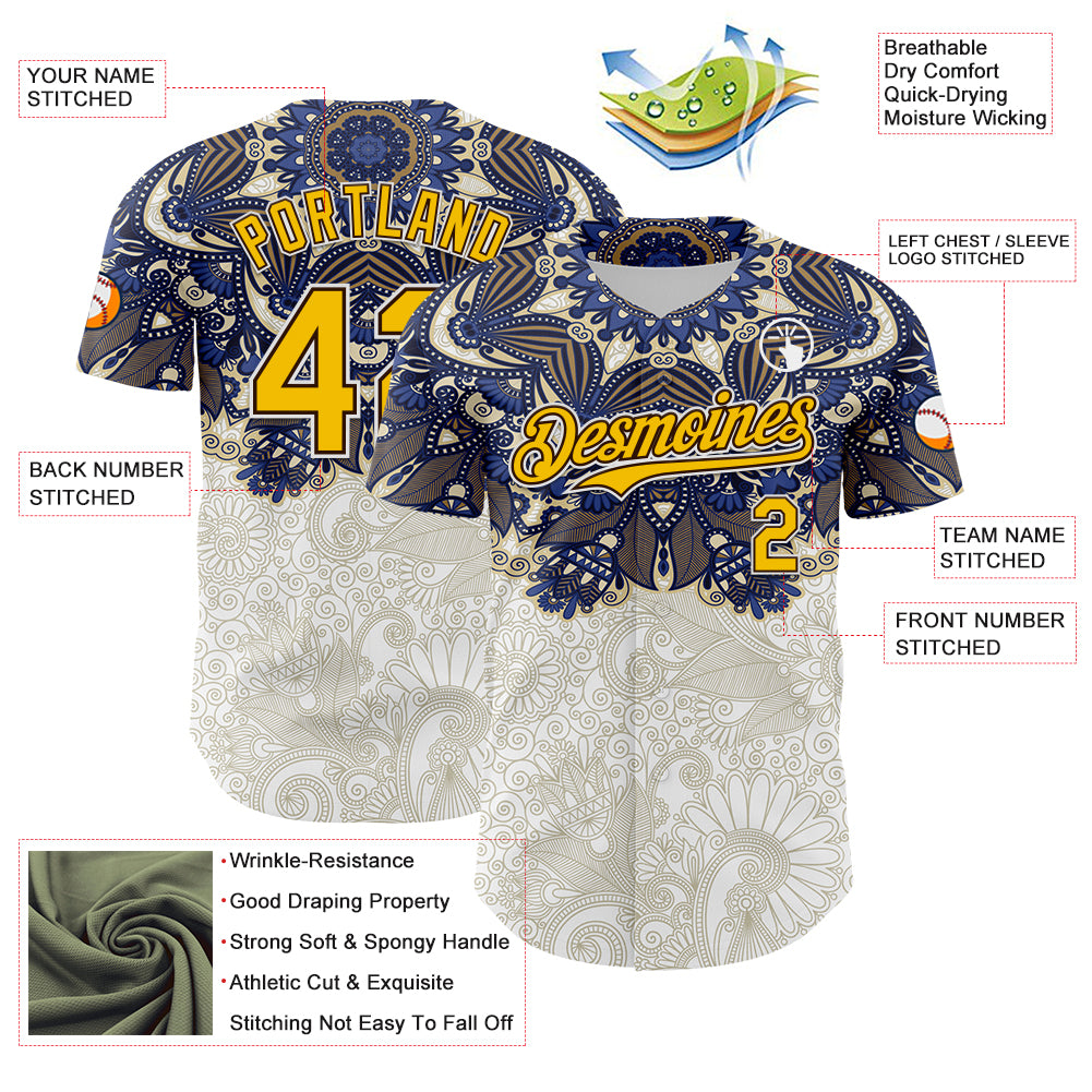 Custom White Yellow-Brown 3D Pattern Design Burner Costumes Paisley Authentic Baseball Jersey
