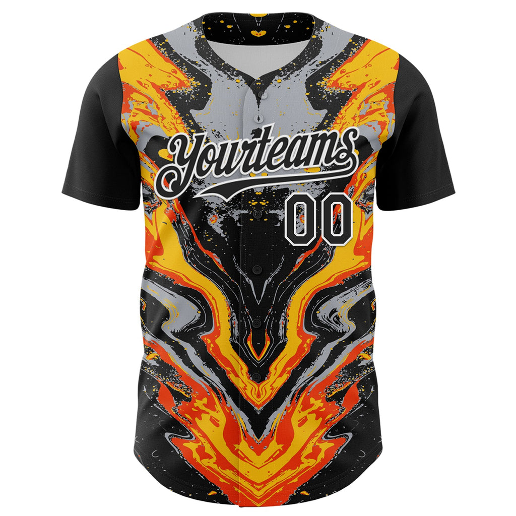Custom Black Gray Orange Yellow-White 3D Pattern Design Rave Party Marble Lava Authentic Baseball Jersey