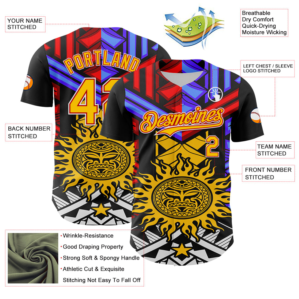 Custom Black Yellow Red-White 3D Pattern Design Rave Party Sun Tribal Authentic Baseball Jersey