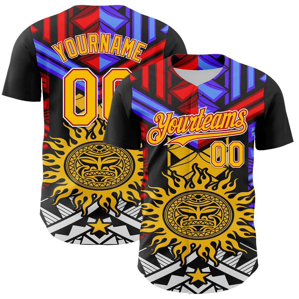Custom Black Yellow Red-White 3D Pattern Design Rave Party Sun Tribal Authentic Baseball Jersey