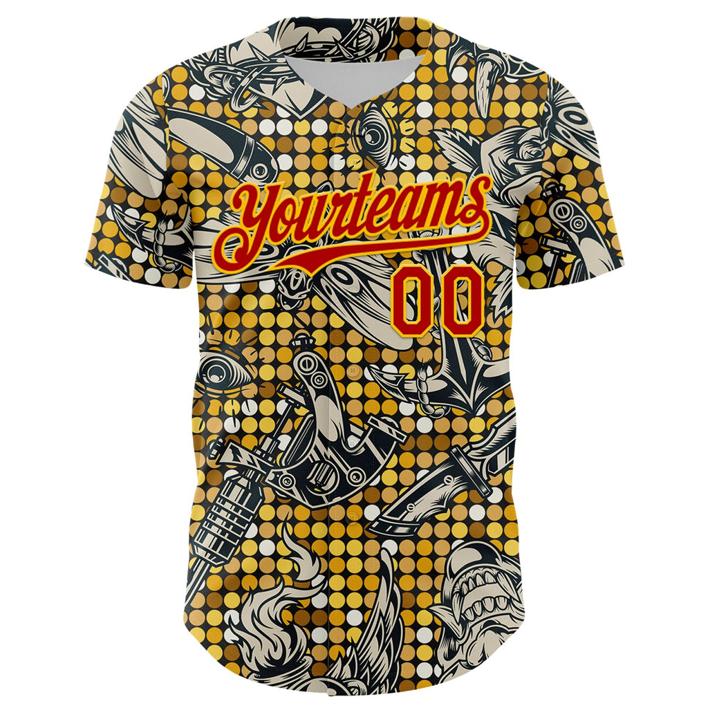 Custom Black Red-Yellow 3D Pattern Design Rave Party Tattoos Disco Authentic Baseball Jersey
