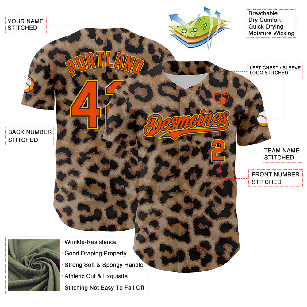 Custom Brown Orange Black-Yellow 3D Pattern Design Rave Party Animal Leopard Print Authentic Baseball Jersey