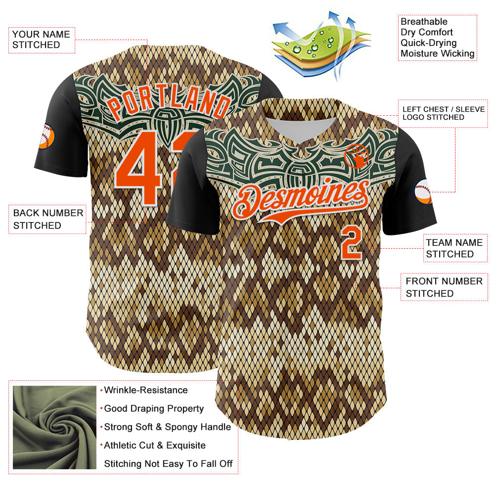 Custom Black Orange-White 3D Pattern Design Rave Party Animal Snake Python Print Authentic Baseball Jersey