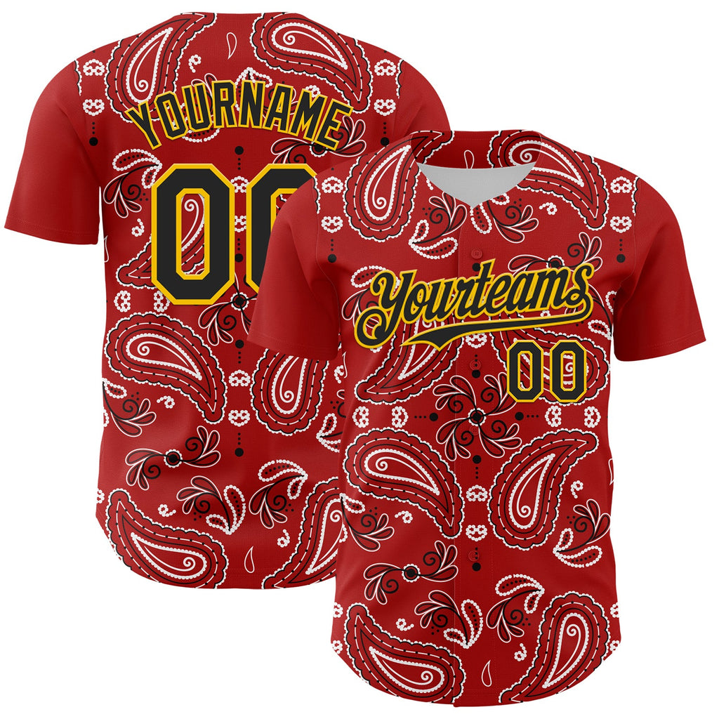Custom Red Black-Gold 3D Pattern Design Rave Party Paisley Bandana Authentic Baseball Jersey