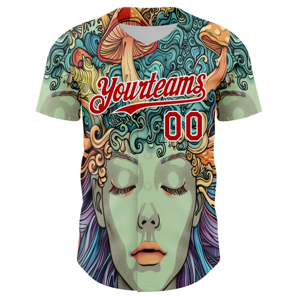 Custom Green Red-White 3D Pattern Design Rave Party Trippy Magic Mushroom Authentic Baseball Jersey