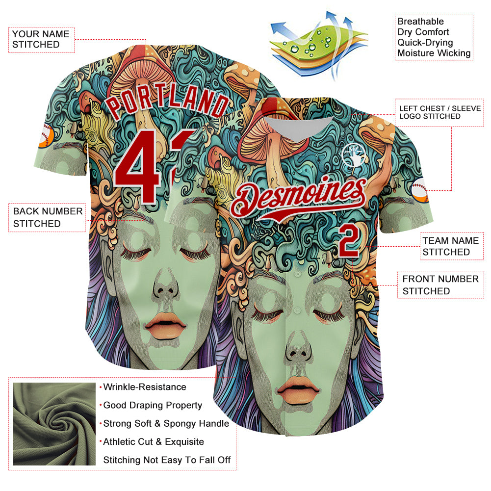 Custom Green Red-White 3D Pattern Design Rave Party Trippy Magic Mushroom Authentic Baseball Jersey
