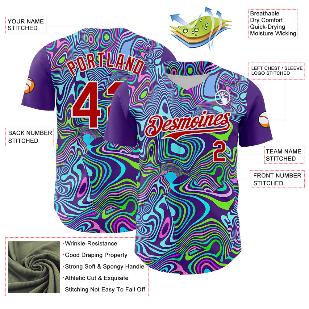 Custom Purple Red-White 3D Pattern Design Rave Party Trippy Laser Fluid Authentic Baseball Jersey