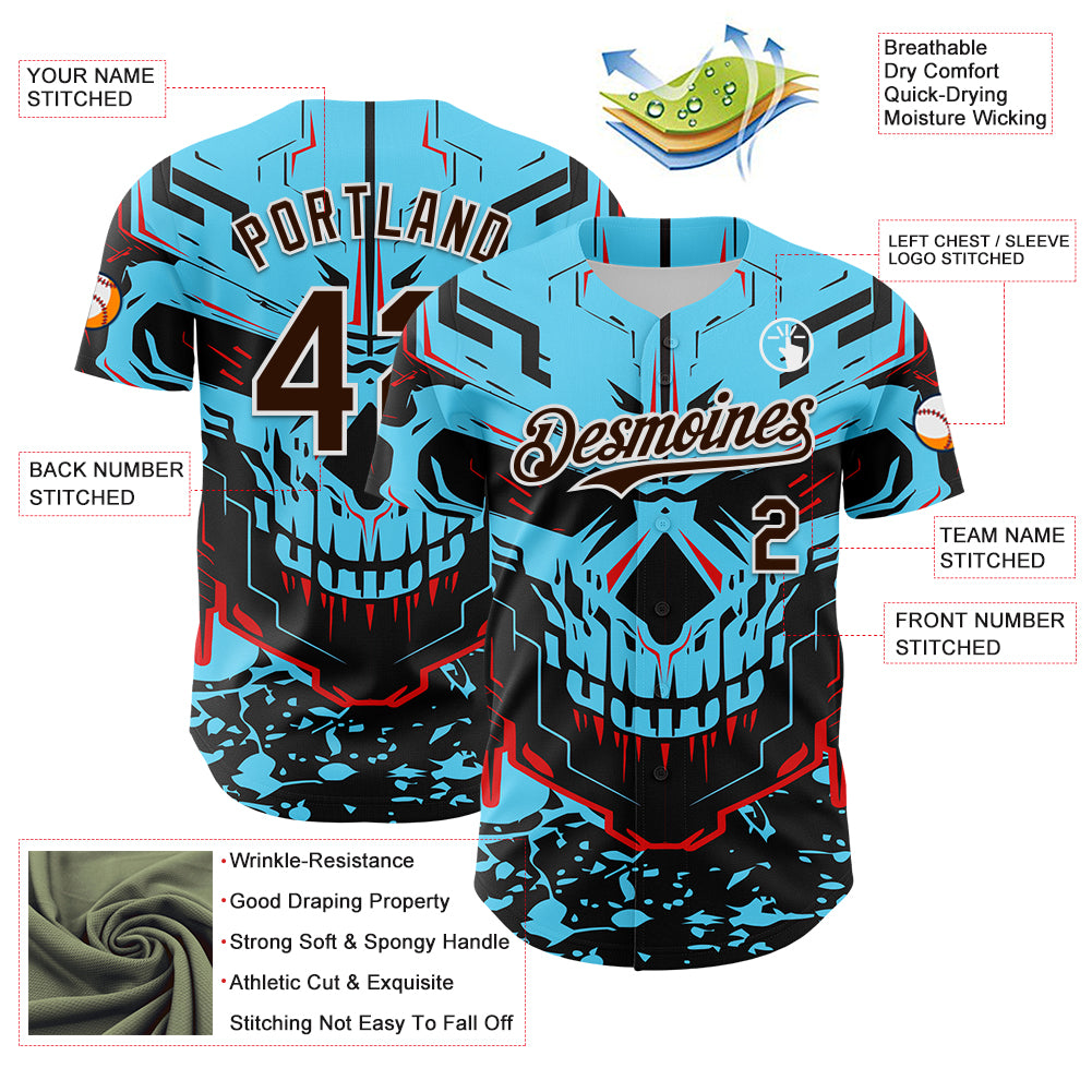 Custom Blue Brown-White 3D Pattern Design Burner Costumes Cyber Skull Authentic Baseball Jersey