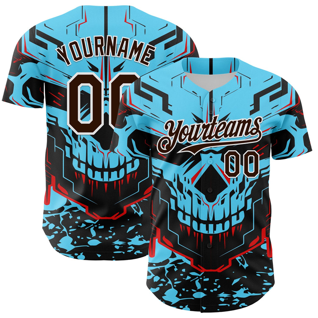 Custom Blue Brown-White 3D Pattern Design Burner Costumes Cyber Skull Authentic Baseball Jersey