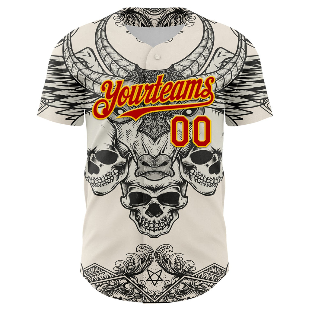 Custom Cream Red-Yellow 3D Pattern Design Burner Costumes Hell Skull Authentic Baseball Jersey